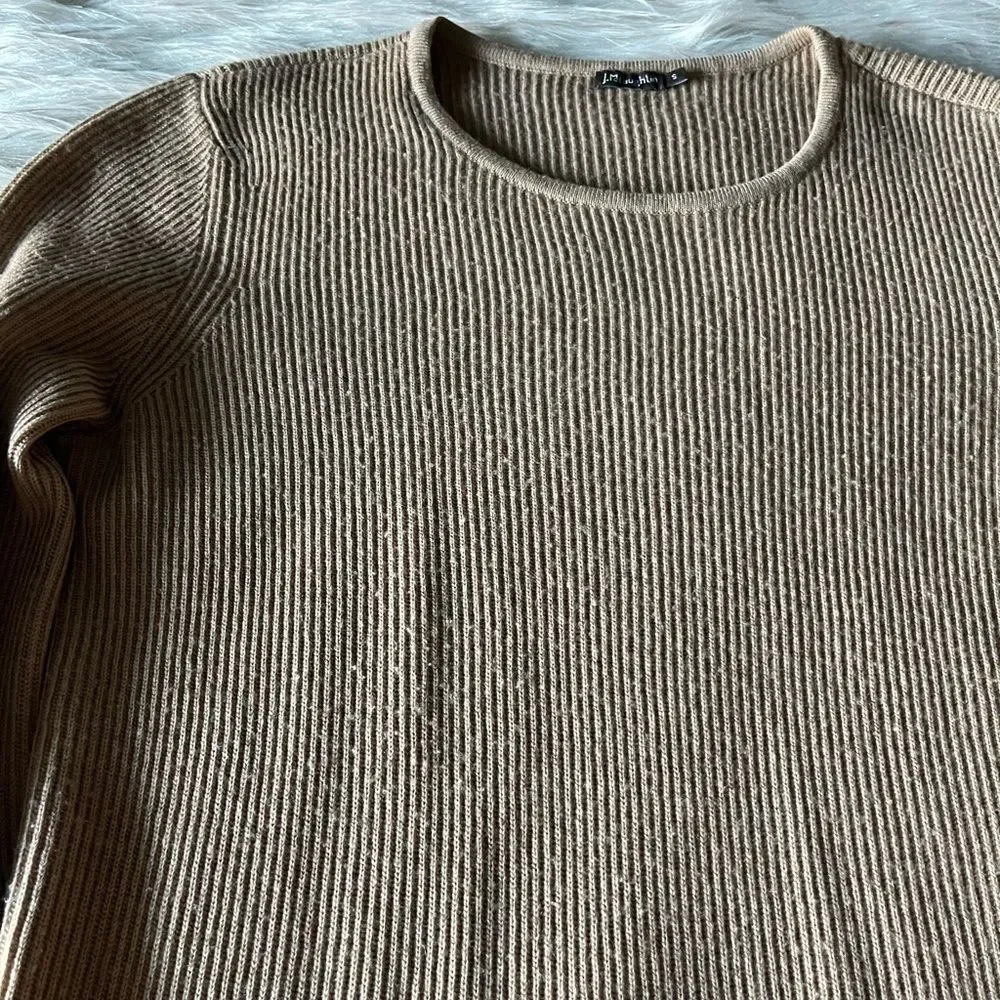 J. McLaughlin Wool Ribbed Blouson Sleeve Sweater in Tan - Picture 12 of 12